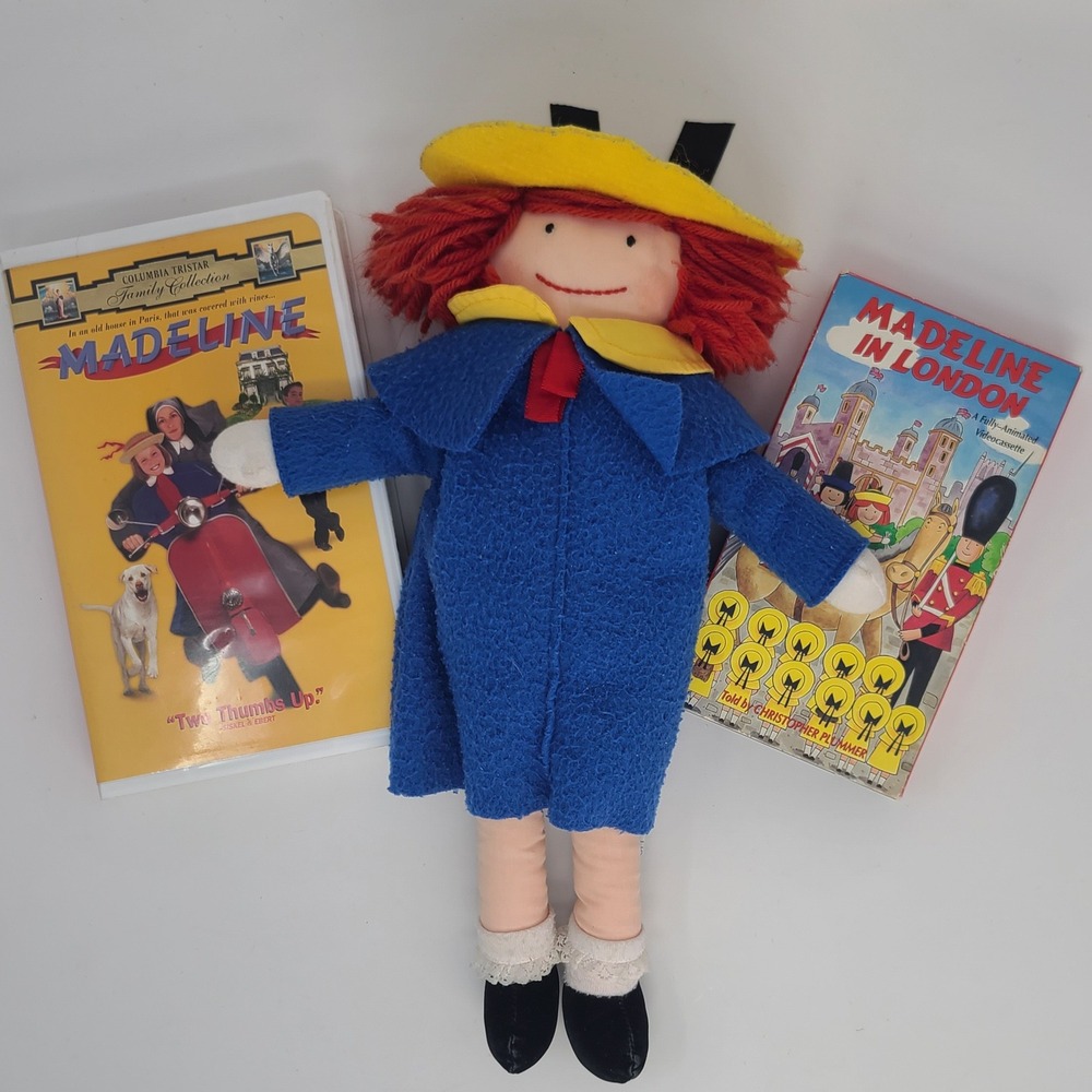 Madeline Doll 15" & 2 VHS Movie Lot VTG 1990s Animation & Live Book Character